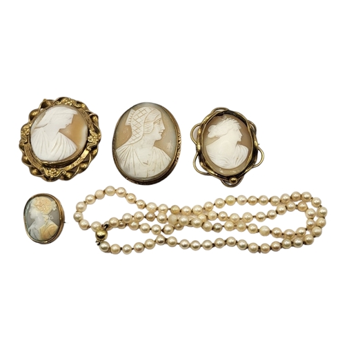 18A - COLLECTION OF FOUR VICTORIAN CAMEO BROOCHES. TOGETHER WITH 14CT GOLD CLASPED STRING OF PEARLS, CAMEO... 