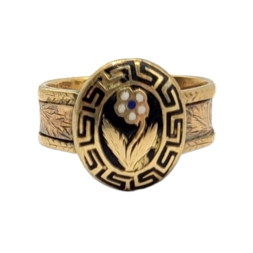 19A - MID 19TH CENTURY VICTORIAN YELLOW METAL AND ENAMEL MEMENTO MORI RING, YELLOW METAL TESTED AS 14CT GO... 