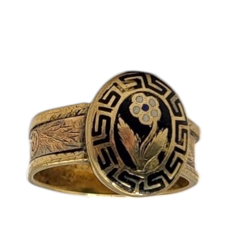 19A - MID 19TH CENTURY VICTORIAN YELLOW METAL AND ENAMEL MEMENTO MORI RING, YELLOW METAL TESTED AS 14CT GO... 