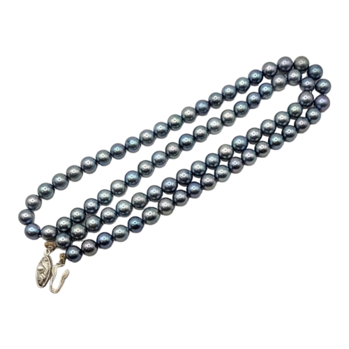 25A - VINTAGE SILVER CLASPED STRING OF CULTURED PEARLS, HAVING BLUE TINGE. (length 63cm)