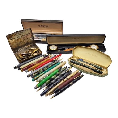 53A - A COLLECTION OF VINTAGE MECO PENCILS, TOGETHER WITH A COLLECTION OF PENS, NAMES COMPRISING OSMIROID,... 