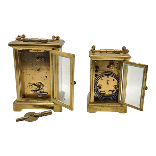 59A - TWO EARLY 20TH CENTURY GILT METAL CARRIAGE CLOCKS
Both having white enamelled dial with Roman numera... 