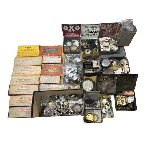 55A - A LARGE COLLECTION OF 19TH AND 20TH CENTURY WATCH PARTS
Comprising watch hands, movements, dials, me... 