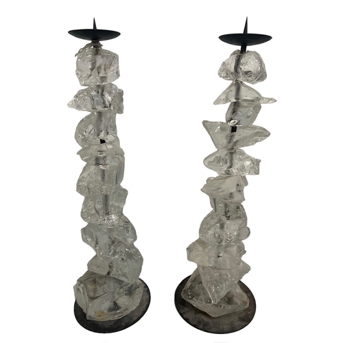 70A - A PAIR OF DECORATIVE WROUGHT IRON AND ROCK CRYSTAL PRICKET CANDLE STAND. 
(h 51cm)