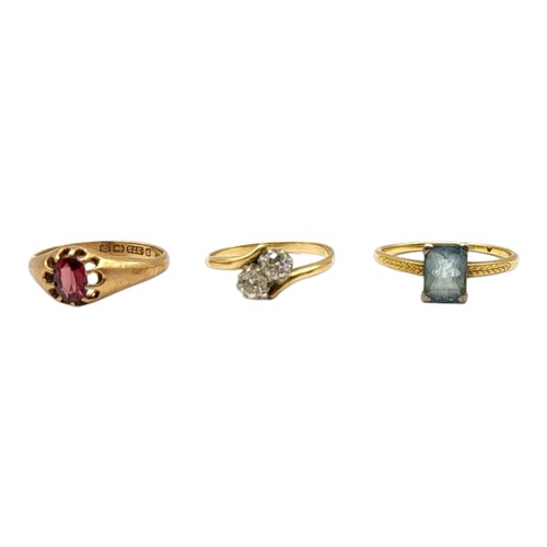 11A - A 14CT YELLOW GOLD AND TWO STONE DIAMOND CROSSOVER RING, TOGETHER WITH A 9CT GOLD & GARNET RING AND ... 