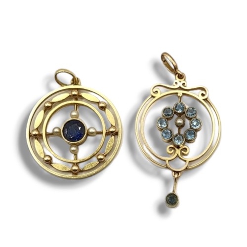 7A - TWO EDWARDIAN 9CT GOLD, BLUE TOPAZ, AQUAMARINE AND SEED PEARL PENDANTS.
(largest 26mm, gross weight ... 