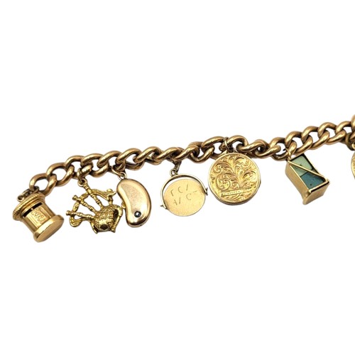 1A - A VINTAGE 9CT GOLD CURB LINK CHARM BRACELET AND CHARMS
Having heart shaped padlock clasp, charms com... 