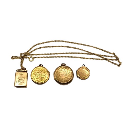 47A - A COLLECTION OF FOUR EARLY 20TH CENTURY 9CT GOLD FRONTED AND BACKED LOCKETS, ONE ATTACHED TO A 9CT G... 