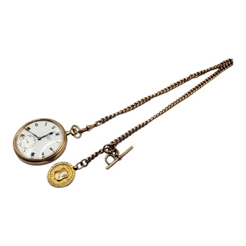 34A - C.A. & J.E. HARRIS, A 1920’S 9CT GOLD OPEN FACED POCKET WATCH, ATTACHED TO A 9CT GOLD POCKET WATCH A... 