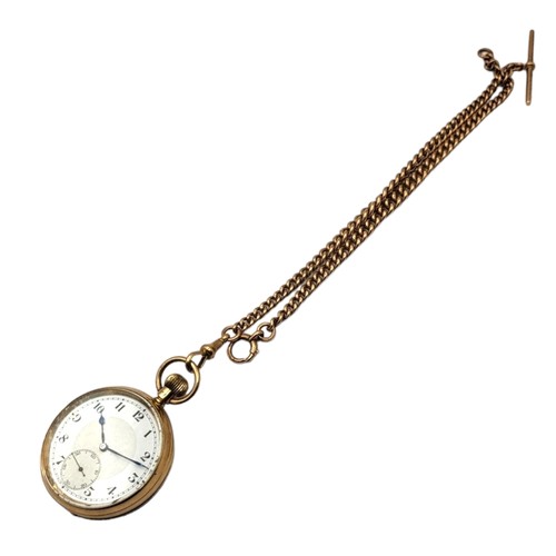 33A - A 1920’S 9CT GOLD SYREN OPEN FACED POCKET WATCH, ATTACHED TO A 9CT GOLD POCKET WATCH ALBERT CHAIN
Po... 