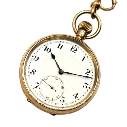 33A - A 1920’S 9CT GOLD SYREN OPEN FACED POCKET WATCH, ATTACHED TO A 9CT GOLD POCKET WATCH ALBERT CHAIN
Po... 