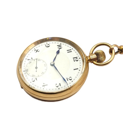 33A - A 1920’S 9CT GOLD SYREN OPEN FACED POCKET WATCH, ATTACHED TO A 9CT GOLD POCKET WATCH ALBERT CHAIN
Po... 