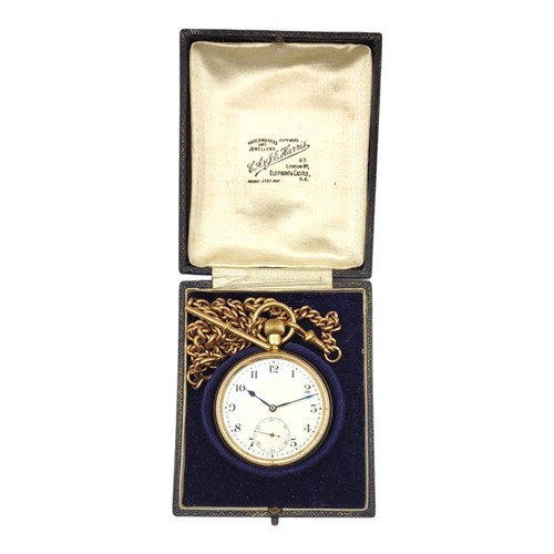 33A - A 1920’S 9CT GOLD SYREN OPEN FACED POCKET WATCH, ATTACHED TO A 9CT GOLD POCKET WATCH ALBERT CHAIN
Po... 