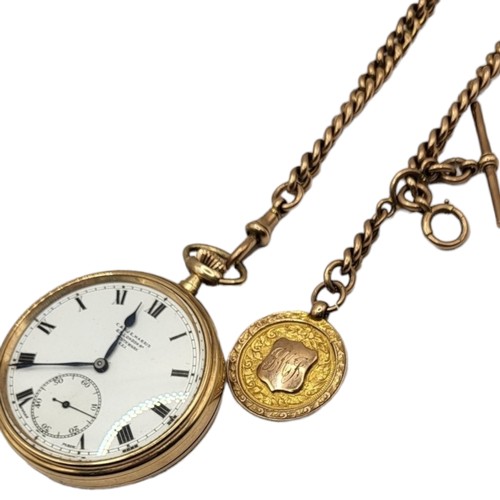 34A - C.A. & J.E. HARRIS, A 1920’S 9CT GOLD OPEN FACED POCKET WATCH, ATTACHED TO A 9CT GOLD POCKET WATCH A... 