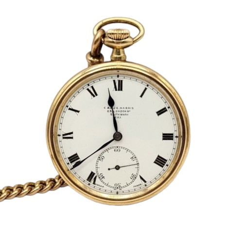 34A - C.A. & J.E. HARRIS, A 1920’S 9CT GOLD OPEN FACED POCKET WATCH, ATTACHED TO A 9CT GOLD POCKET WATCH A... 