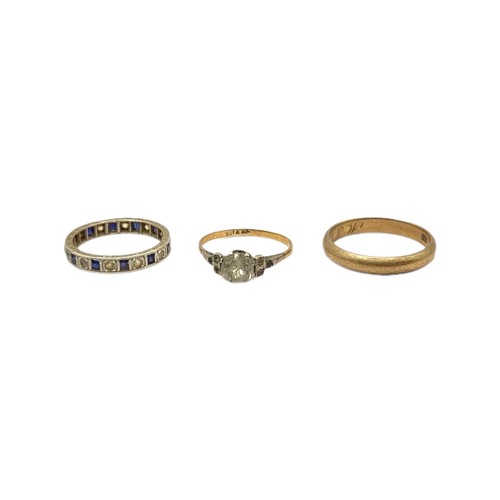 49A - A 9CT GOLD, WHITE SPINEL AND TOPAZ ETERNITY RING. TOGETHER WITH 9CT GOLD & GLASS RING AND 8CT GOLD B... 