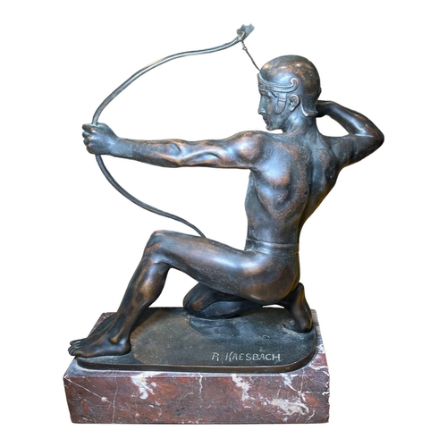 189 - RUDOLF KAESBACH, 1873 - 1955, GERMAN, A BRONZE SCULPTURE TITLED ‘THE ARCHER’Showing a kneeling athle... 