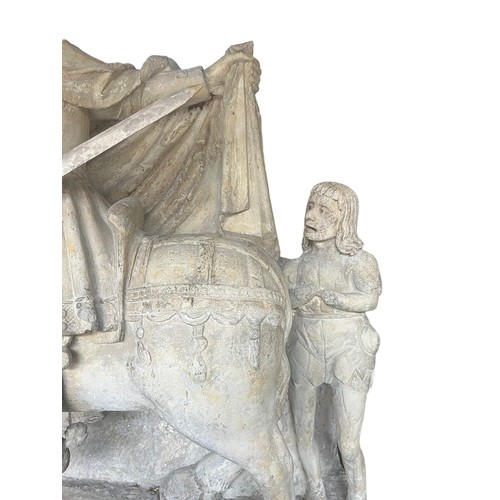 213 - A LARGE RARE EARLY 16TH CENTURY FRENCH CARVED LIMESTONE GROUP, St. Martin on horseback sharing a clo... 