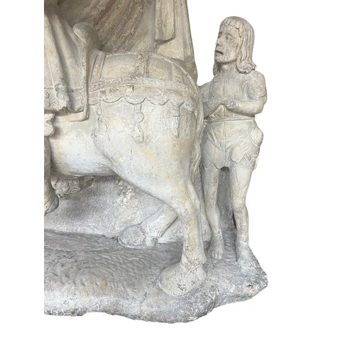 213 - A LARGE RARE EARLY 16TH CENTURY FRENCH CARVED LIMESTONE GROUP, St. Martin on horseback sharing a clo... 