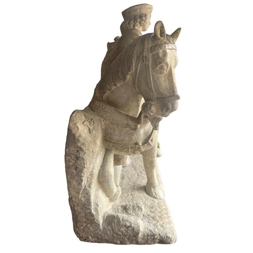 213 - A LARGE RARE EARLY 16TH CENTURY FRENCH CARVED LIMESTONE GROUP, St. Martin on horseback sharing a clo... 