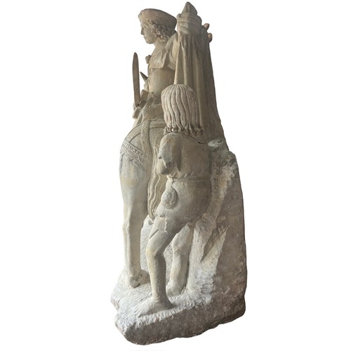 213 - A LARGE RARE EARLY 16TH CENTURY FRENCH CARVED LIMESTONE GROUP, St. Martin on horseback sharing a clo... 