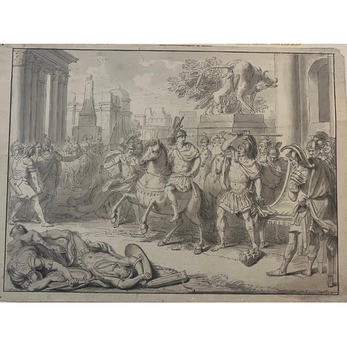 294 - A 17TH CENTURY PEN, INK AND WASH DRAWING STUDY 
The Battle of Metaurus with Roman soldiers on horseb... 