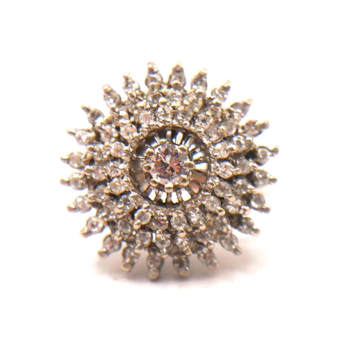 27 - A VINTAGE 18CT WHITE GOLD AND DIAMOND CLUSTER RING
Three tiered round cut diamond halo (approx diame... 