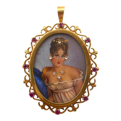 28 - A VINTAGE 18CT GOLD AND RUBY OVAL BROOCH/PENDANT
Portrait of lady under glass, mounted in scrolling ... 