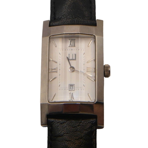 42A - A VINTAGE DUNHILL QUARTZ WRISTWATCH
Having rectangular faceted case, Roman numeral and baton hour ma... 