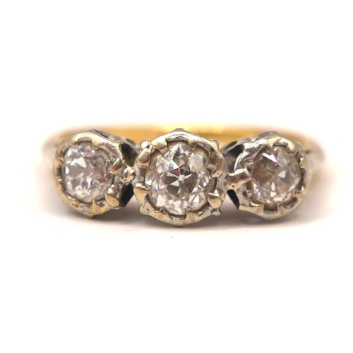 45 - AN 18CT GOLD AND PLATINUM THREE STONE DIAMOND RING
The central round old European cut diamond (appro... 