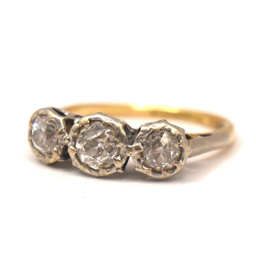 45 - AN 18CT GOLD AND PLATINUM THREE STONE DIAMOND RING
The central round old European cut diamond (appro... 