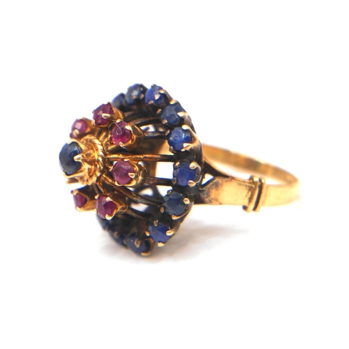 48 - A 14CT YELLOW GOLD, SAPHIRE AND RUBY CLUSTER RING
Two tier halo of sapphires and rubies, surmounted ... 