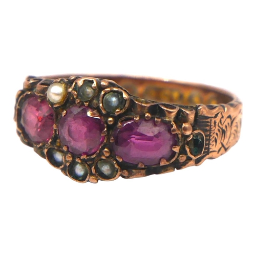 6 - A VICTORIAN 9CT ROSE GOLD, AMETHYST AND SEED PEARL RING
The central round cut amethyst (approx diame... 