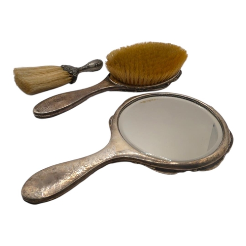 72 - HENRY MATTHEWS. LATE EDWARDIAN SILVER HAND MIRROR AND BRUSH, HALLMARKED BIRMINGHAM, 1910, TOGETHER W... 