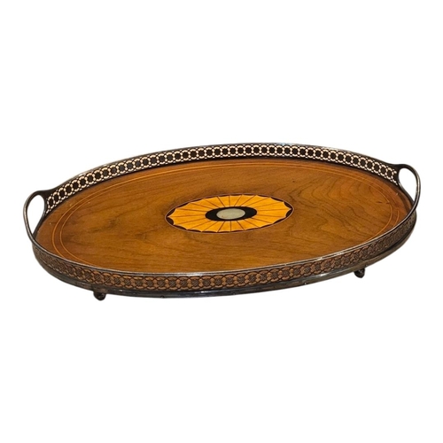 80 - A LATE 19TH/EARLY 20TH CENTURY MAHOGANY & SILVER PLATED SHERATON REVIVAL SERVING TRAY
The centre hav... 