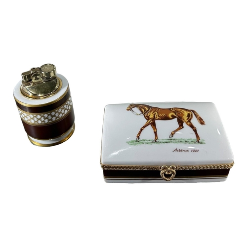 103A - EQUESTRIAN INTEREST, 20TH CENTURY FRENCH LIMOGES CIGARETTE BOX, SHOWING THE THOROUGHBRED HORSE ‘ASTÉ... 