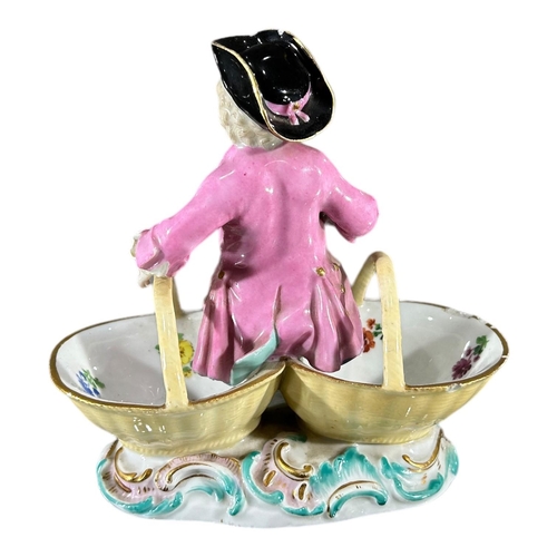 105 - MEISSEN, AN 18TH CENTURY GERMAN PORCELAIN SALT & PEPPER DISH STYLISED WITH FIGURE, MODELLED BY JOHAN... 