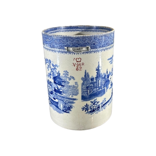 113 - A LARGE 19TH CENTURY BLUE AND WHITE QUARTER GALLON TANKARDDecorated with Mausoleum garden landscape ... 