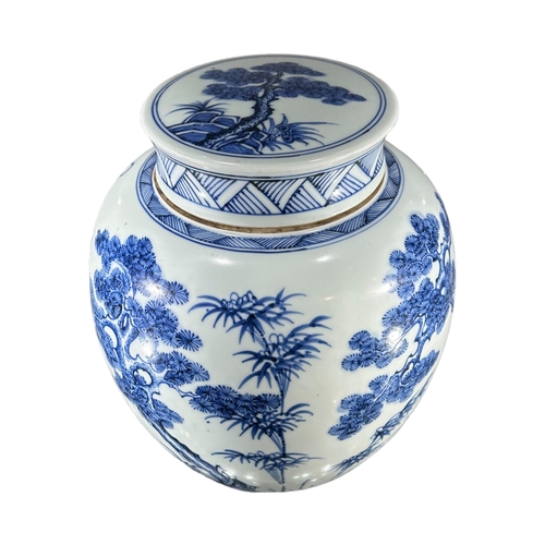 131 - A CHINESE QING DYNASTY, KANGXI DESIGN, THREE FRIENDS OF WINTER PORCELAIN GINGER JARDecorated with bl... 