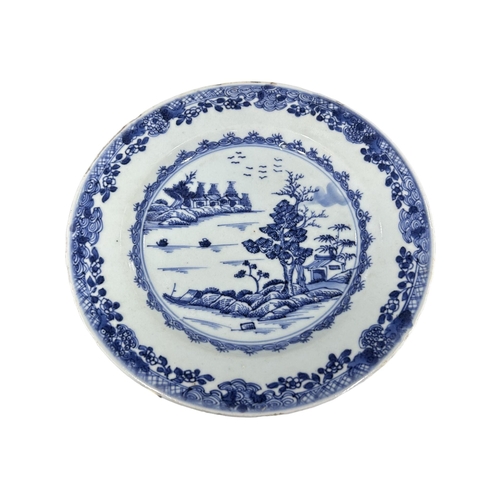 147 - FIVE 18TH CENTURY CHINESE EXPORT BLUE AND WHITE PLATESAll decorated with landscape scene, showing tr... 