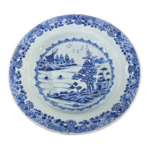 148 - FOUR 18TH CENTURY CHINESE EXPORT BLUE AND WHITE BOWLSAll decorated with landscape scene showing tree... 