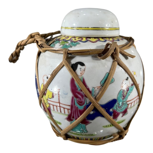 155A - A CHINESE FAMILE JUAN CYLINDRICAL POT, TOGETHER WITH TWO CHINSE GINGER JARS Blue and white ginger ja... 