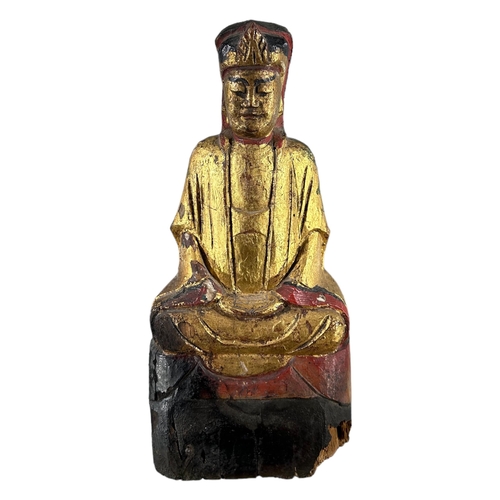 161A - A CHINESE QING DYNASTY CARVED POLYCHROME FIGURE, POSSIBLY GUANYINShowing a seated individual on thro... 