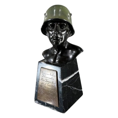 178 - A WWII GERMAN BRONZE BUST OF A SOLDIER, MOUNTED ON MARBLE BASECopped plaque mounted to marble base i... 