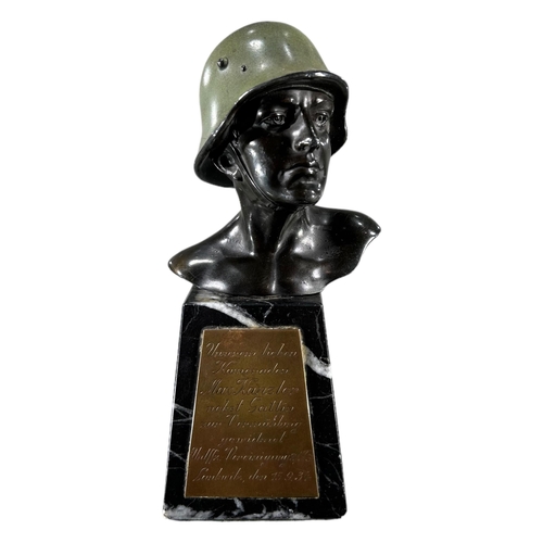 178 - A WWII GERMAN BRONZE BUST OF A SOLDIER, MOUNTED ON MARBLE BASECopped plaque mounted to marble base i... 