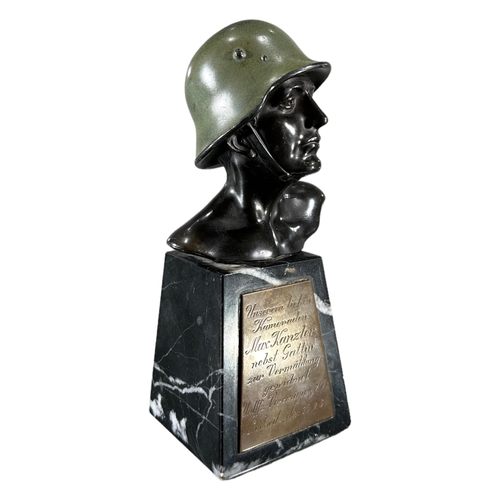 178 - A WWII GERMAN BRONZE BUST OF A SOLDIER, MOUNTED ON MARBLE BASECopped plaque mounted to marble base i... 