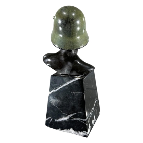 178 - A WWII GERMAN BRONZE BUST OF A SOLDIER, MOUNTED ON MARBLE BASECopped plaque mounted to marble base i... 