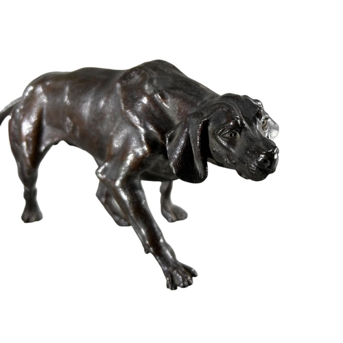 182 - A LATE 19TH/EARLY 20TH CENTURY (POSSIBLY FRENCH) PATINATED BRONZED SPELTER SCULPTURE OF A HOUND. (h ... 