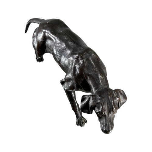 182 - A LATE 19TH/EARLY 20TH CENTURY (POSSIBLY FRENCH) PATINATED BRONZED SPELTER SCULPTURE OF A HOUND. (h ... 