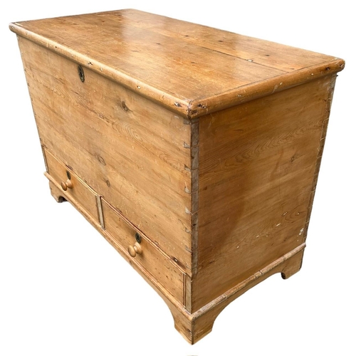 242 - A 19TH CENTURY STRIP AND WAXED PINE MULE CHESTWith hinged lid above two drawers, raised on bracket f... 